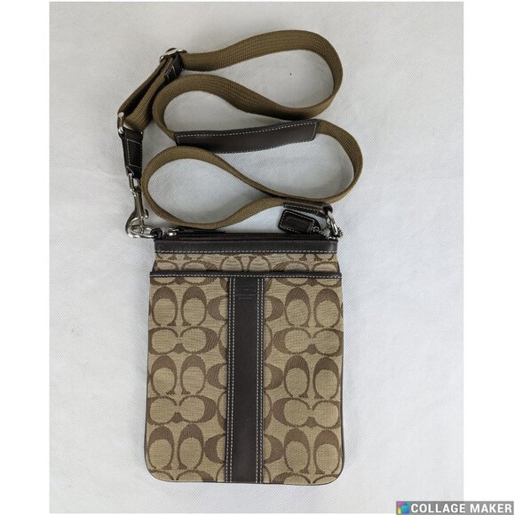 Vintage Coach Small Crossbody Bag Tan Logo Printed Canvas Brown Leather Accents - Picture 1 of 12
